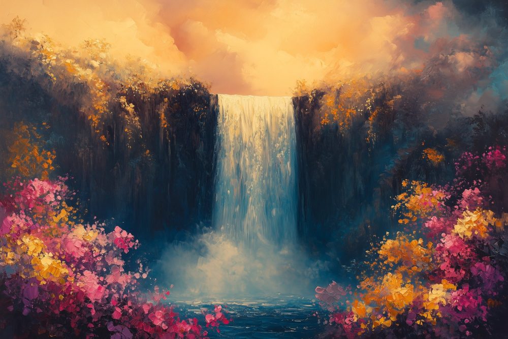 Kleurrijke waterval landschapsschilderij behang