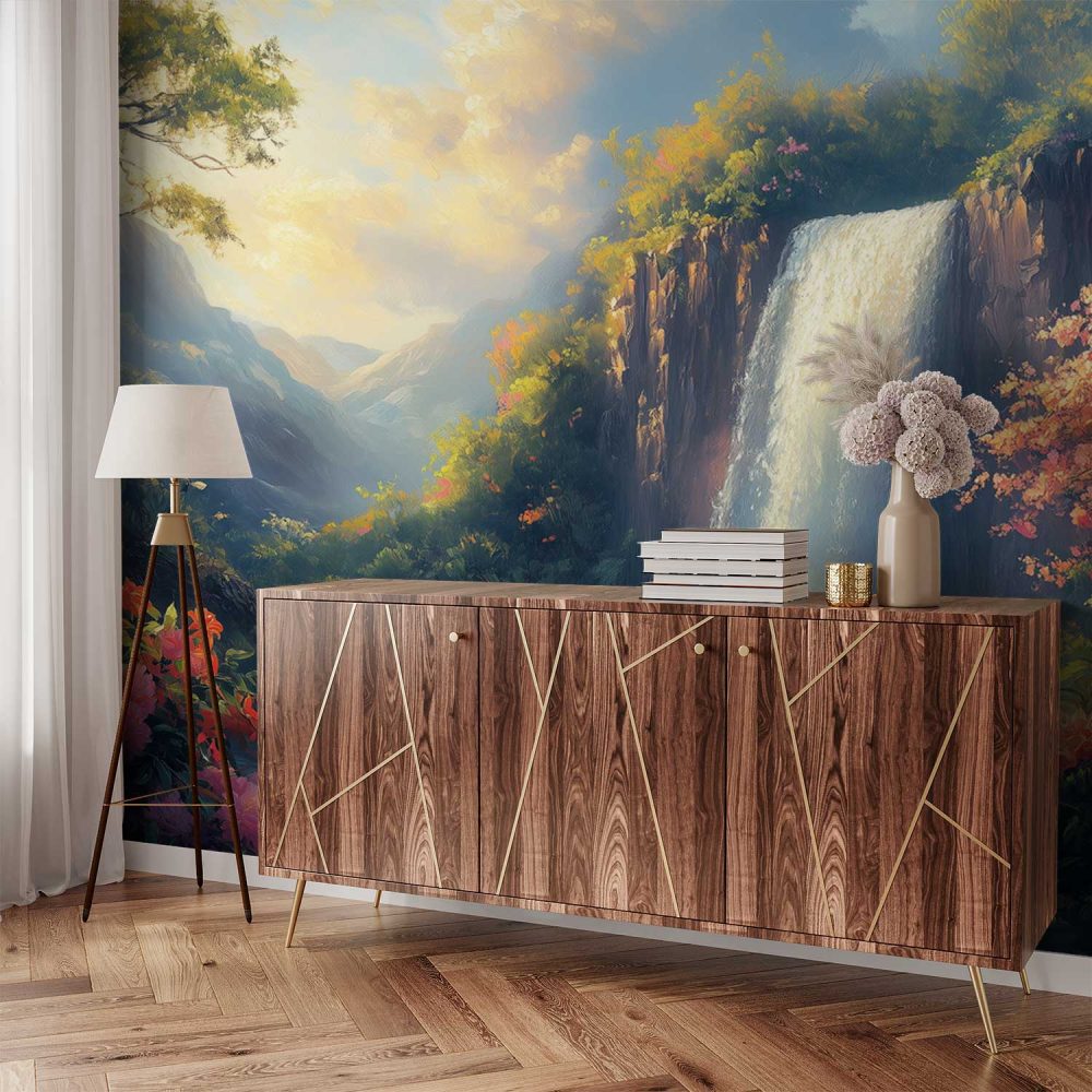 Alternative view of Betoverend waterval landschap behang