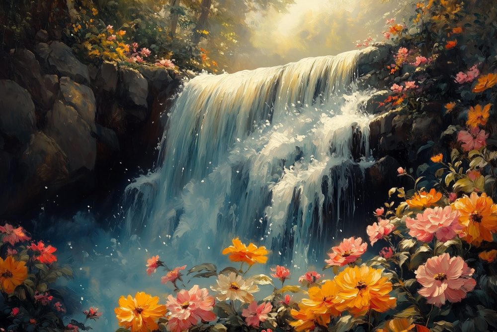 Kleurrijke watervalbloementuin behang