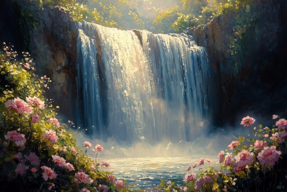 Serene waterval met bloemen behang