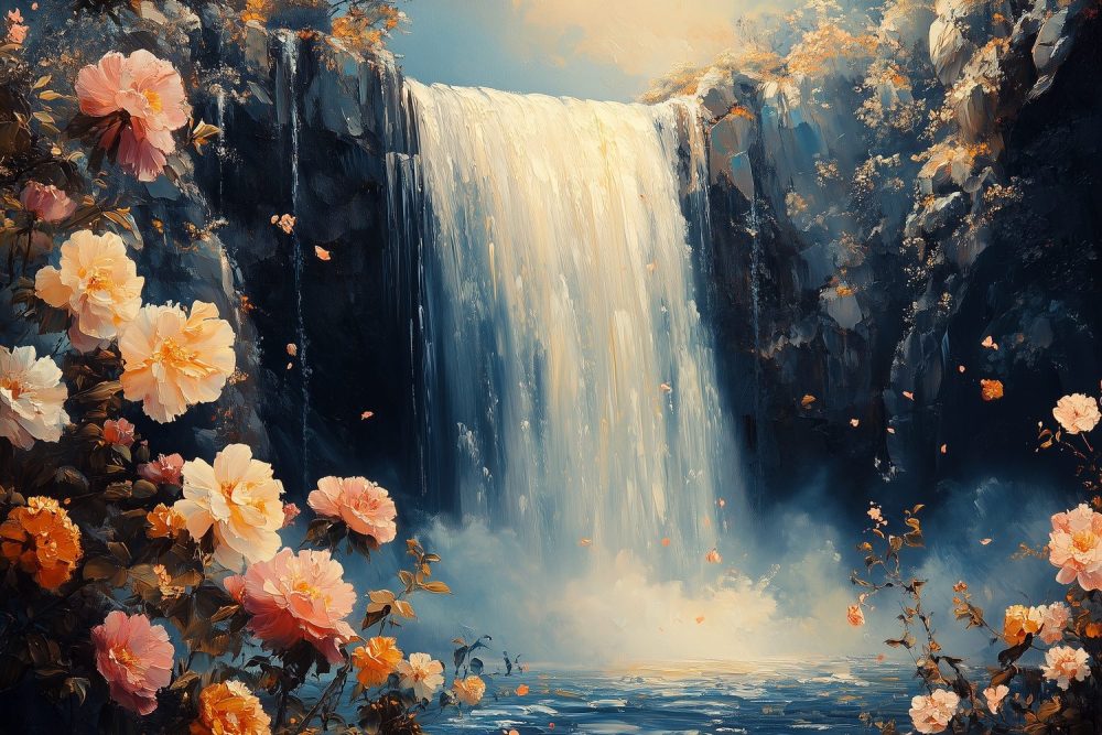 Waterval in Bloementuin behang