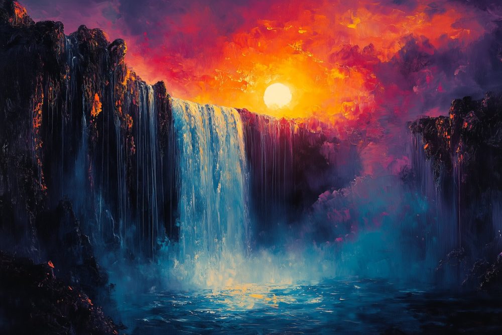 Kleurrijke waterval impressie behang