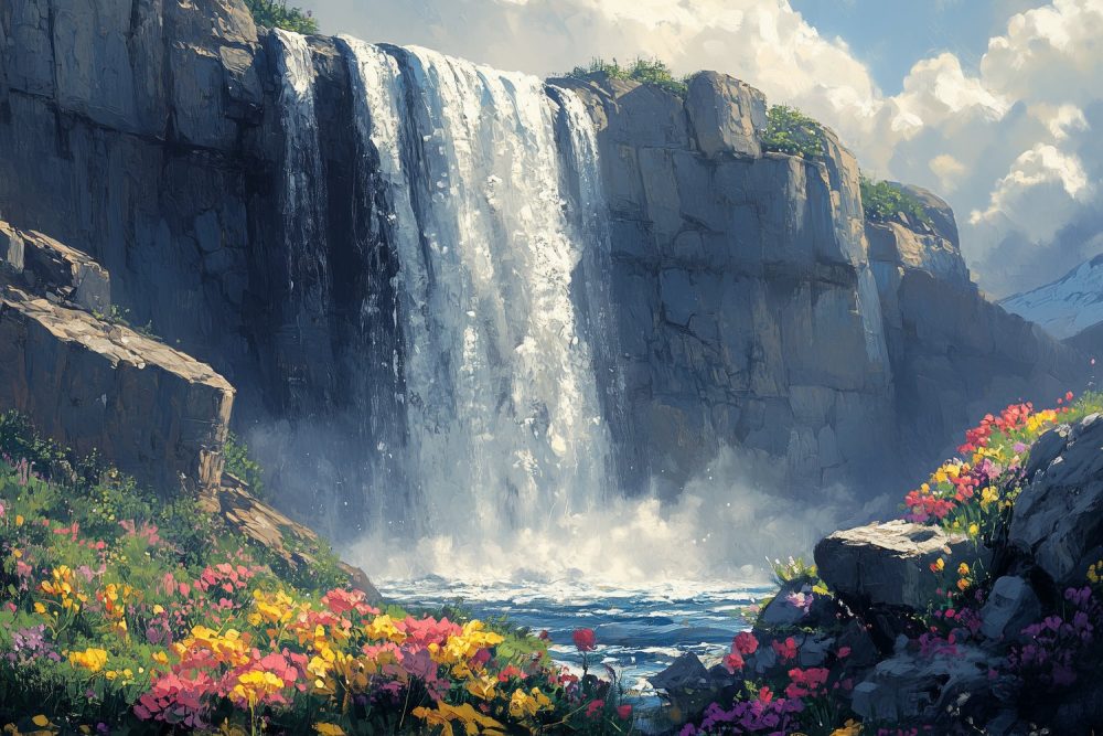 Realistisch waterval landschapsschilderij behang