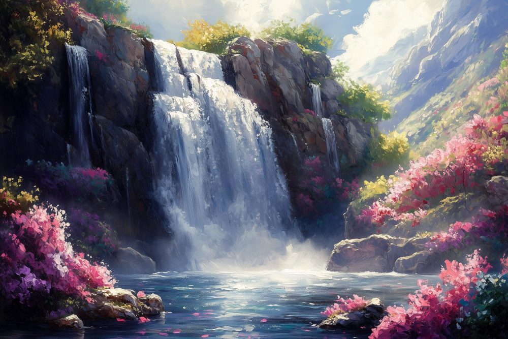 Machtige waterval in kleurenpracht behang