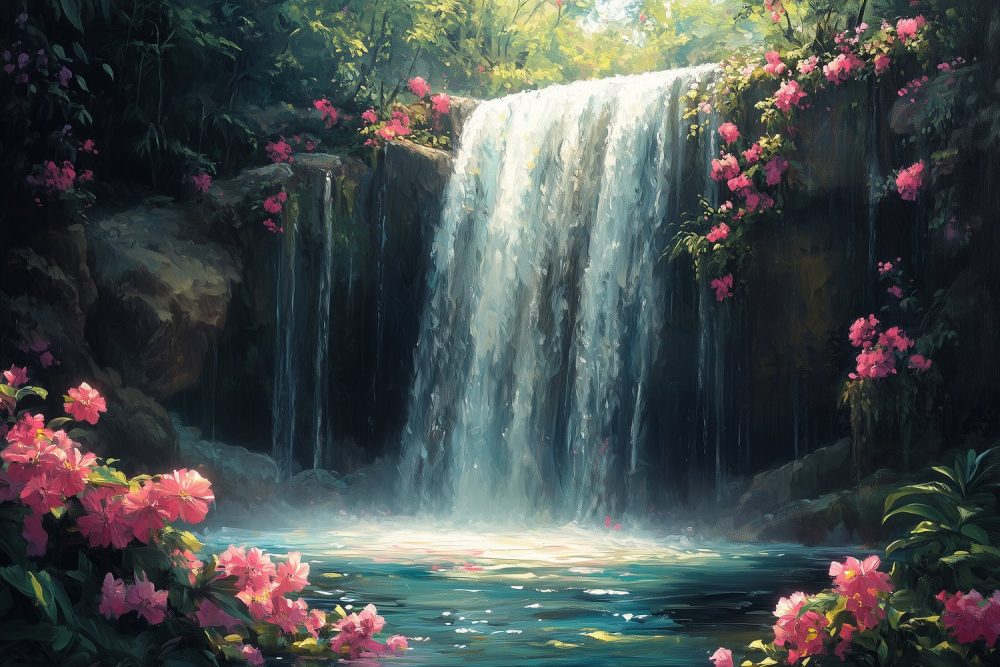 Vredige waterval met bloemen behang