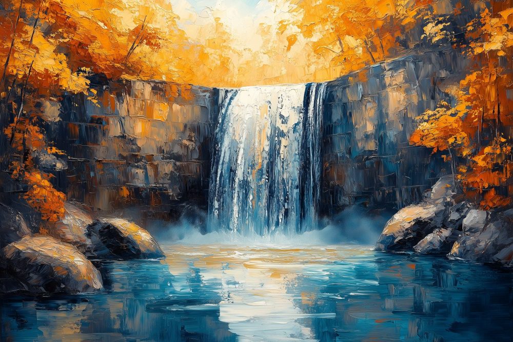 Impressionistische waterval schildering behang