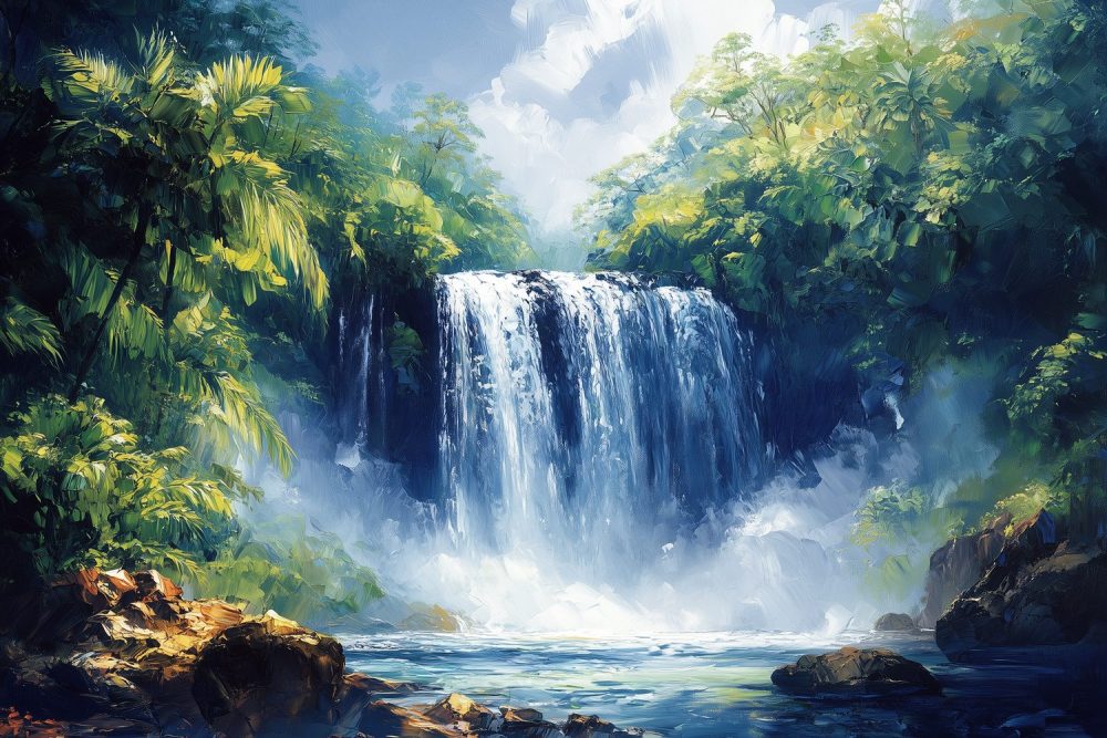 Tranquille waterval waterverfschilderij behang