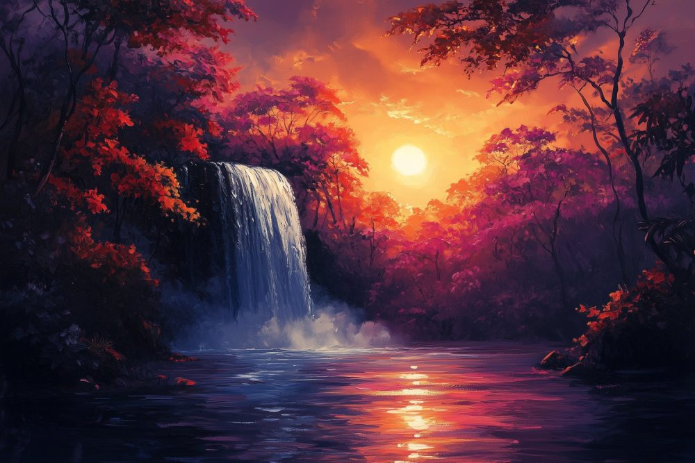Zonsondergang bij waterval behang