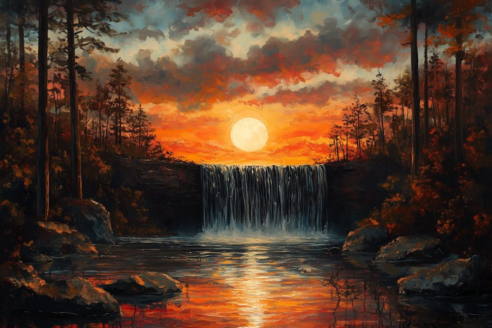 Zonsondergang bij waterval behang