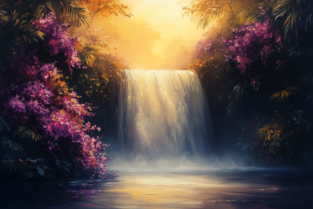 Kleurrijk waterval boslandschap behang