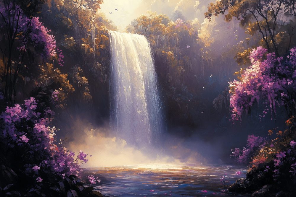 Mysterieuze waterval in bos behang