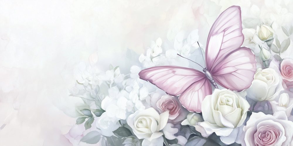 Roze rozen met vlinder behang