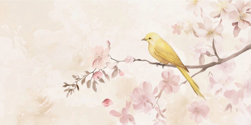 Vrolijke vogel op tak behang