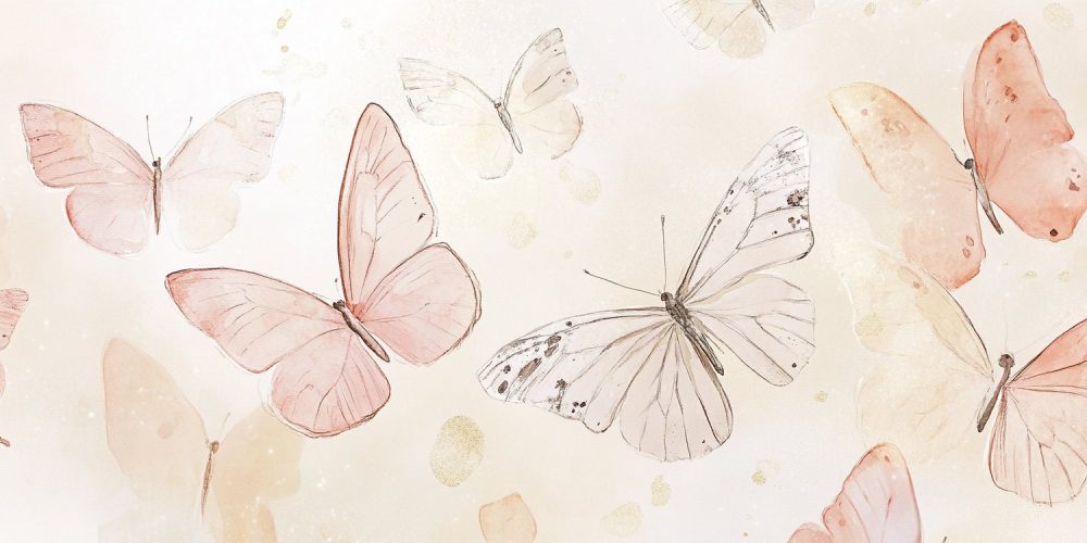 Roze-witte vlinders op beige behang