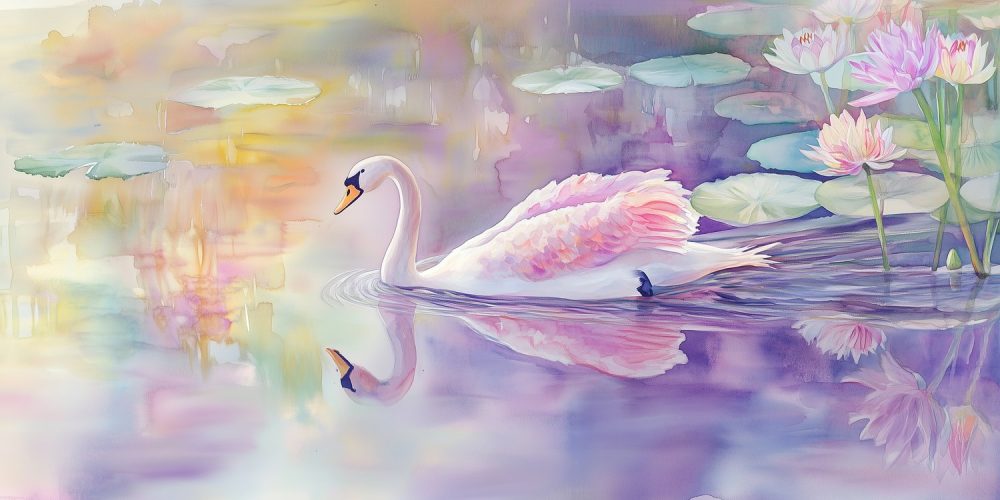 Sierlijke zwanenwaterverfschilderij behang