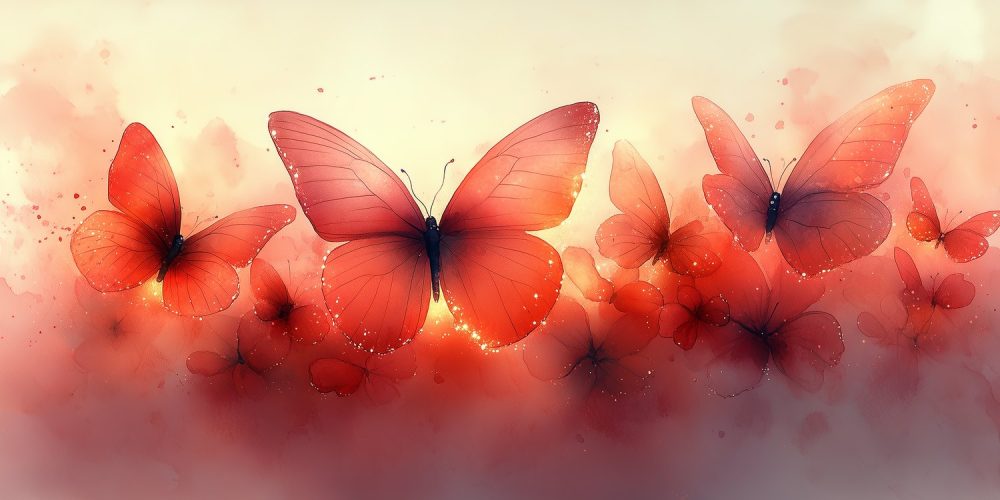 Rode Vlinders in Roze Gloed behang