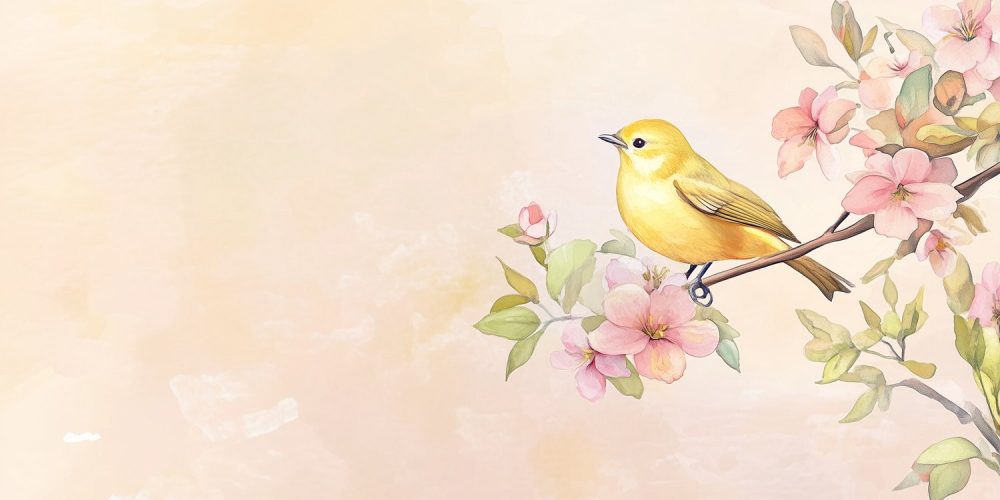 Gele vogel op bloementak behang