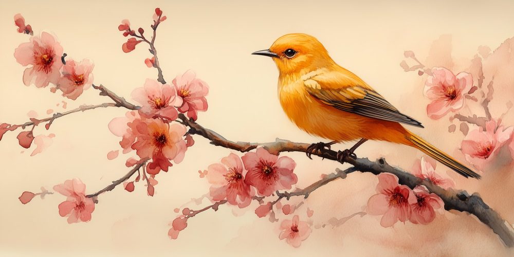 Vrolijke gele vogel bloesemtak behang