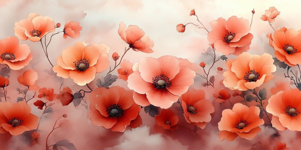 Zonnig oranje-rood bloemenveld behang