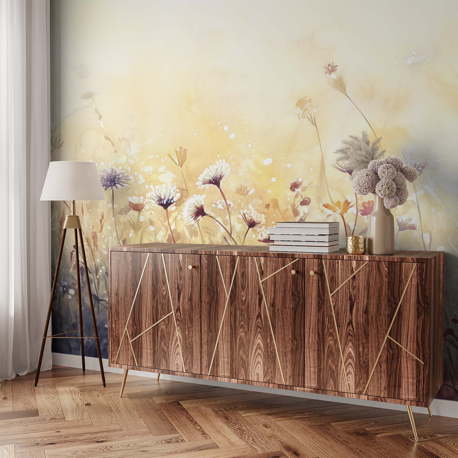 Vredig bloemenveld schilderij behang - Afbeelding 4