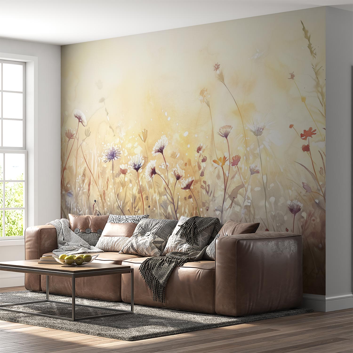 Vredig bloemenveld schilderij behang - Afbeelding 3