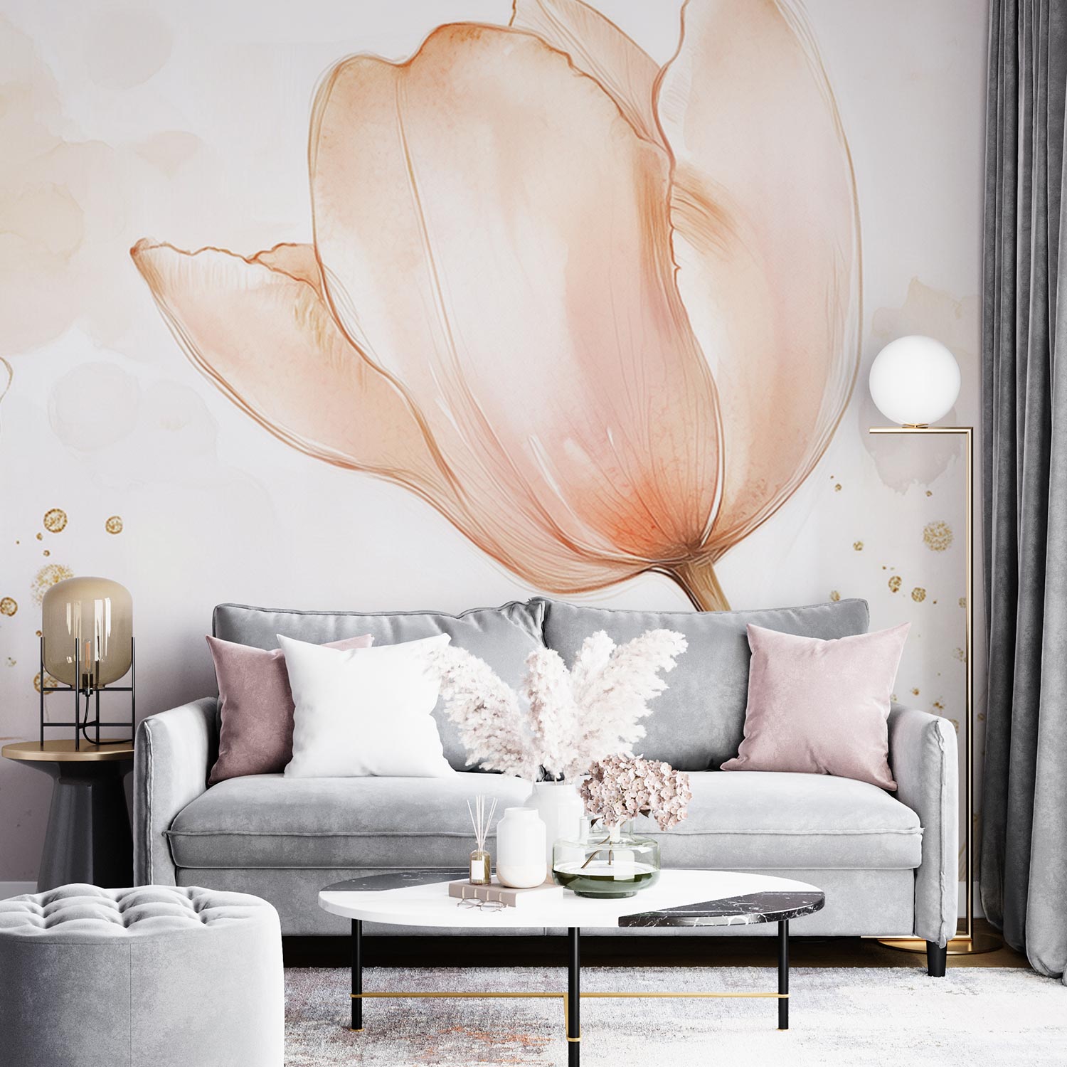 Roze tulp met gouden accenten behang - Afbeelding 3