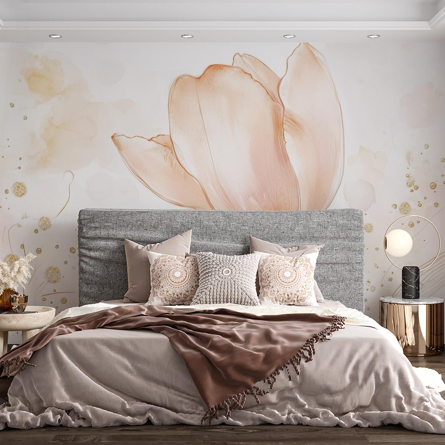 Roze tulp met gouden accenten behang - Afbeelding 4