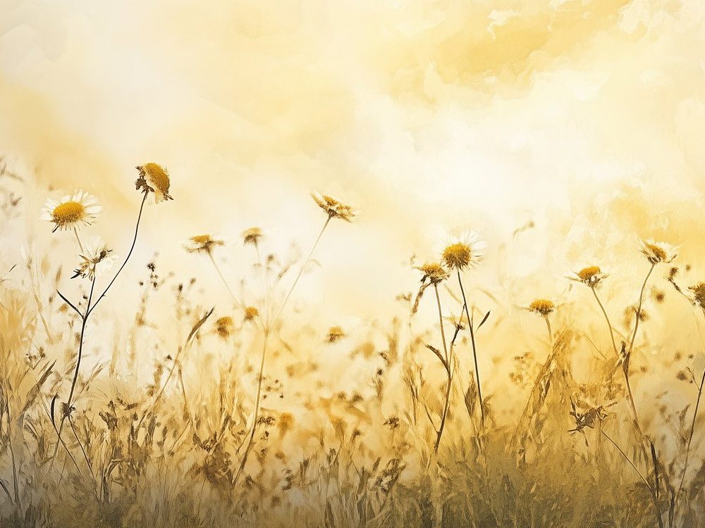 Gouden bloemenveldsereniteit behang