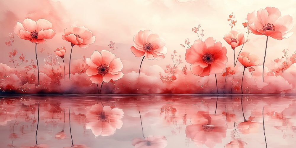 Roze bloemen in waterreflectie behang