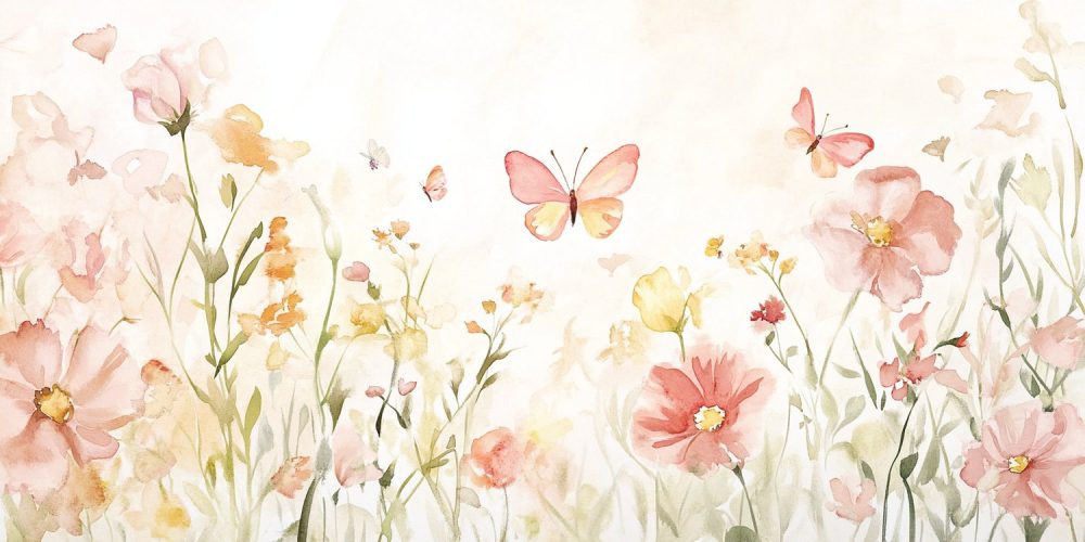 Pastel bloemenveld met vlinders behang