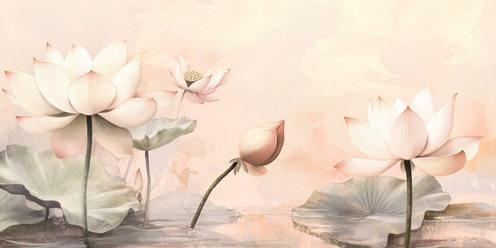 Rustige lotusbloemen op vijver behang