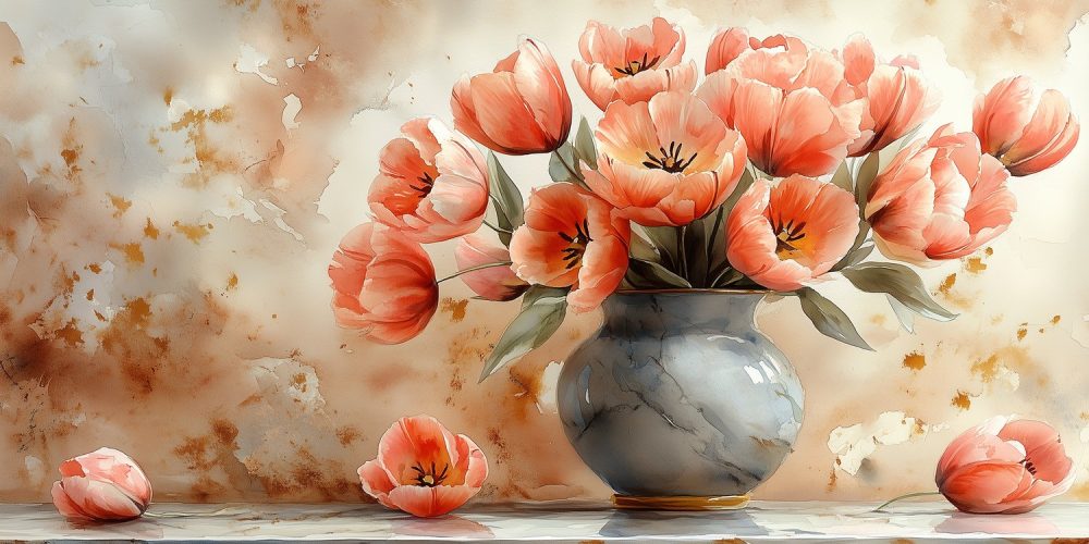 Roze tulpen op marmer behang