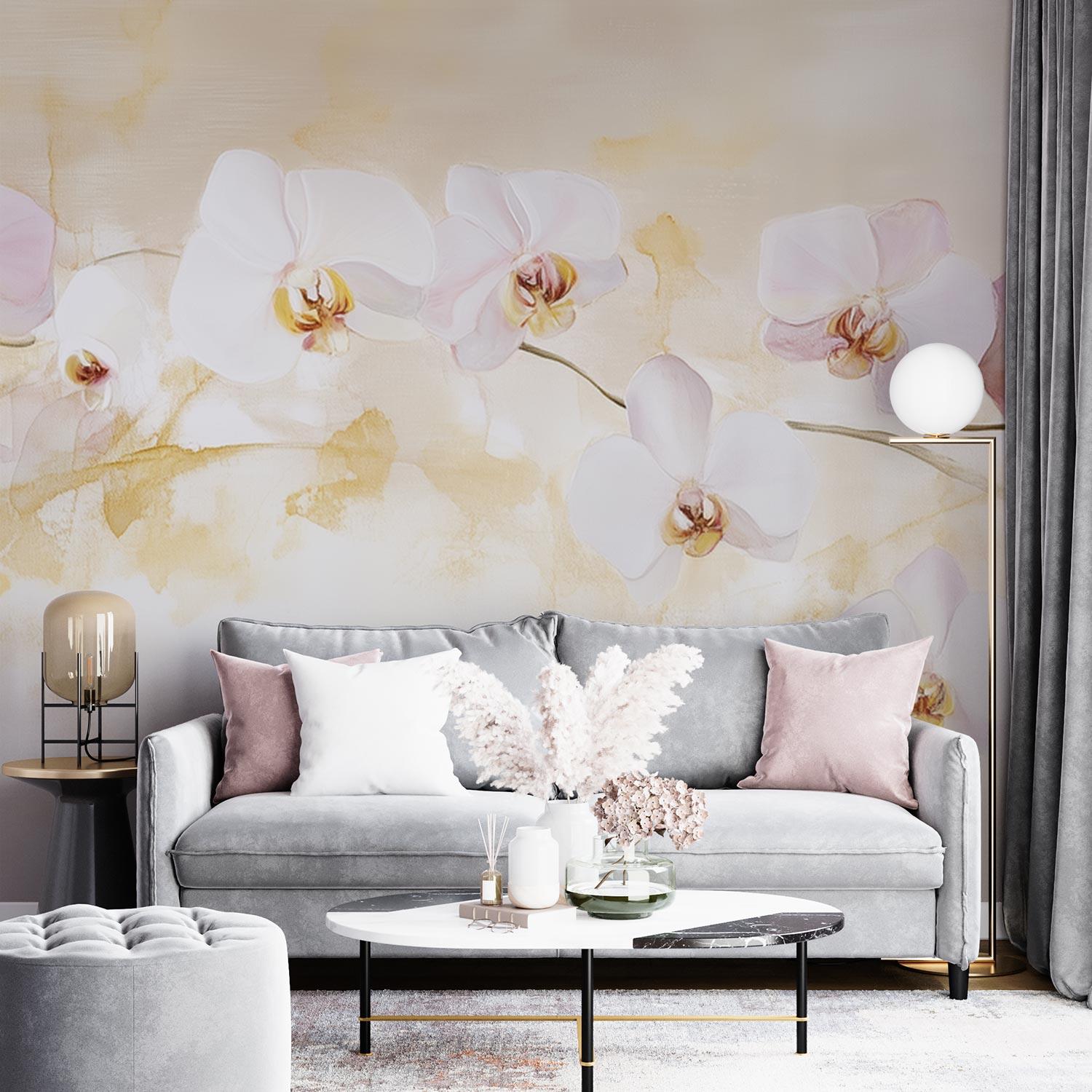 Witte en roze orchideeëntak behang - Afbeelding 2