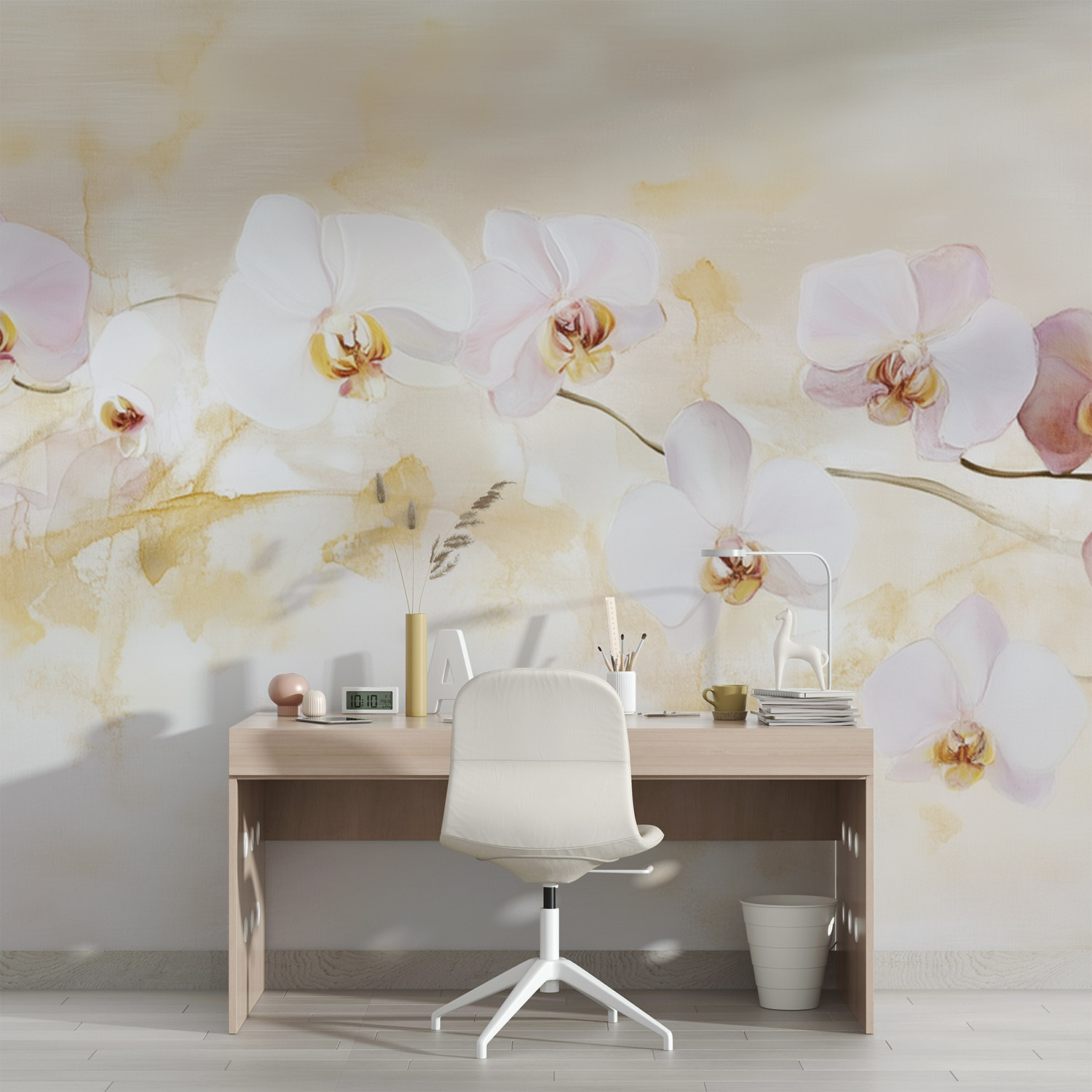 Witte en roze orchideeëntak behang - Afbeelding 4