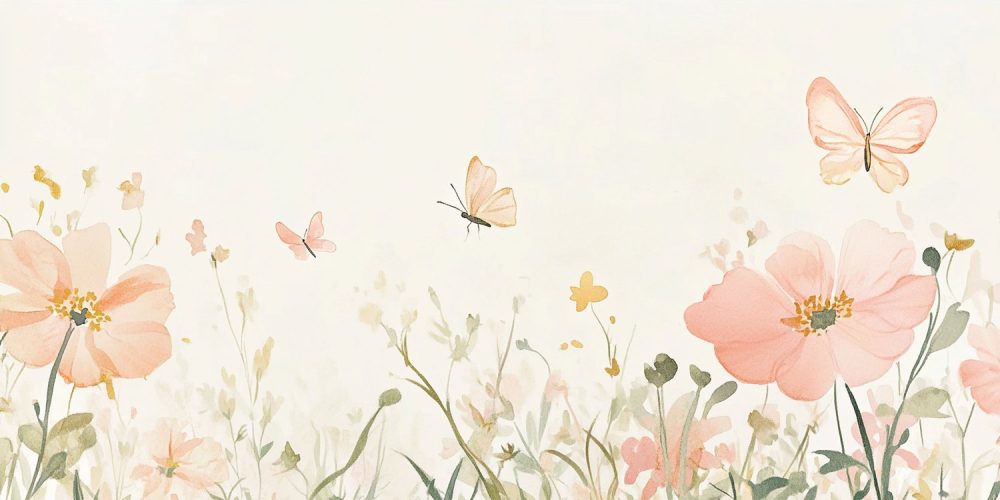Pink bloemenveld met vlinders behang