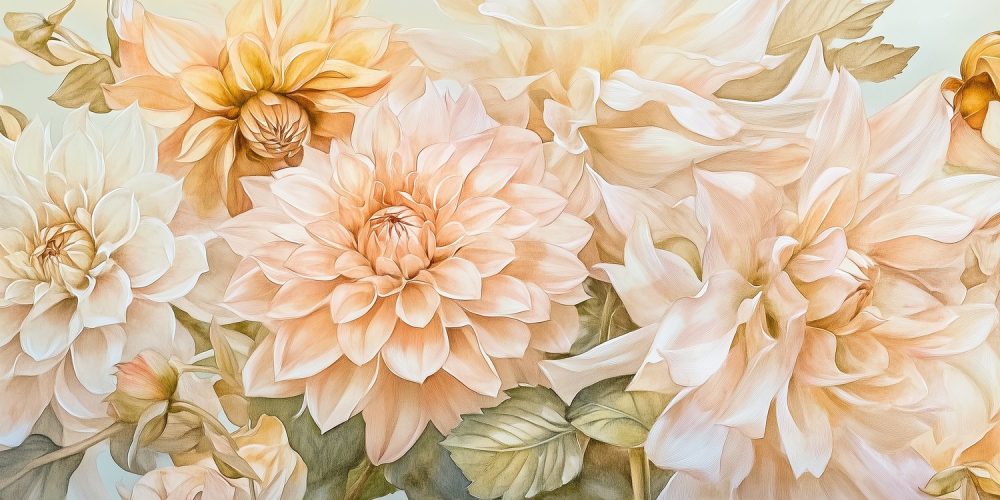 Witte en perzik dahlia’s behang