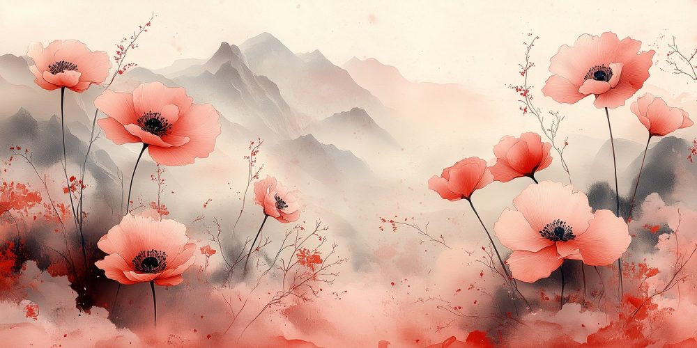 Misty Roze Bergbloemen behang