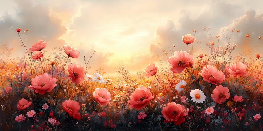 Kleurrijk bloemenveld onder wolkenlucht behang