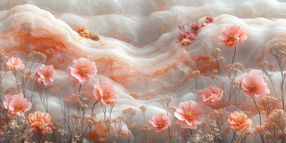 Pink bloemen op rotsen behang