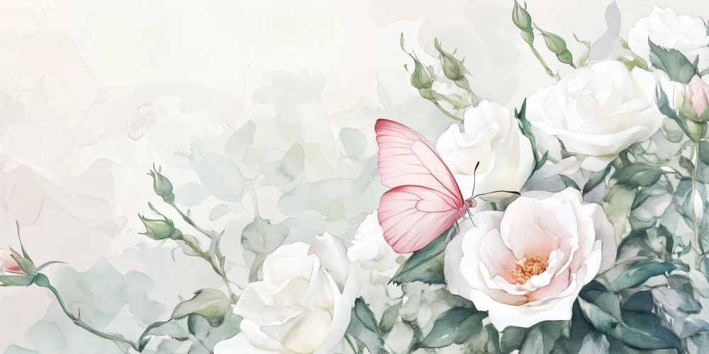 Witte Rozen Met Vlinder behang