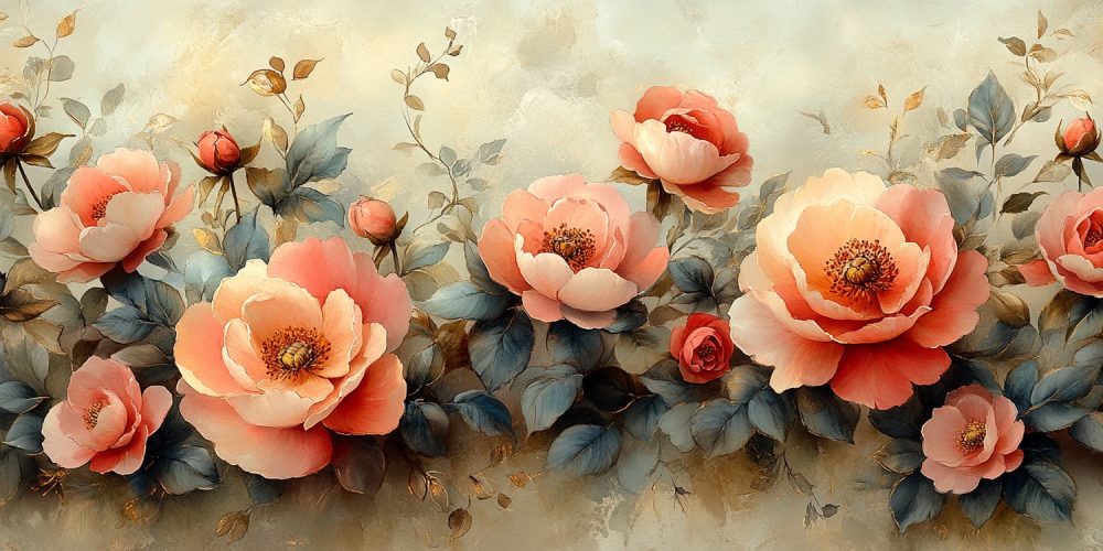 Roze en oranje rozenarrangement behang