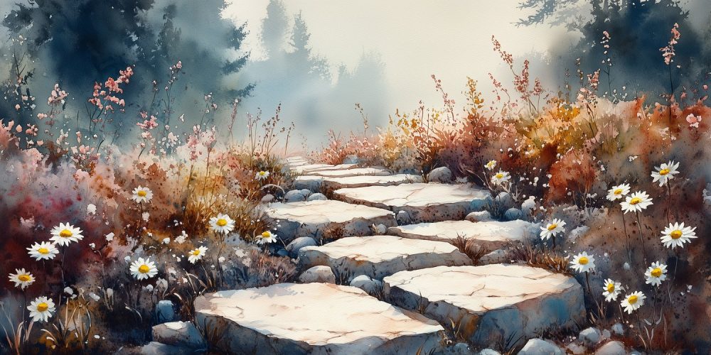 Bloemenpad in waterverf behang