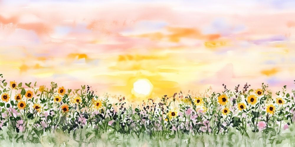 Zonnige zonnebloemveldschilderij behang