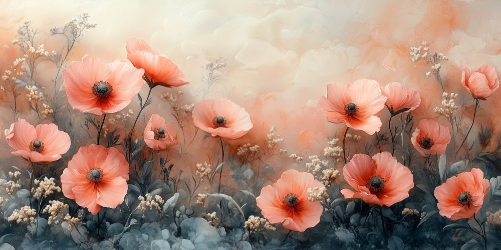 Prachtig roze bloemenveld behang