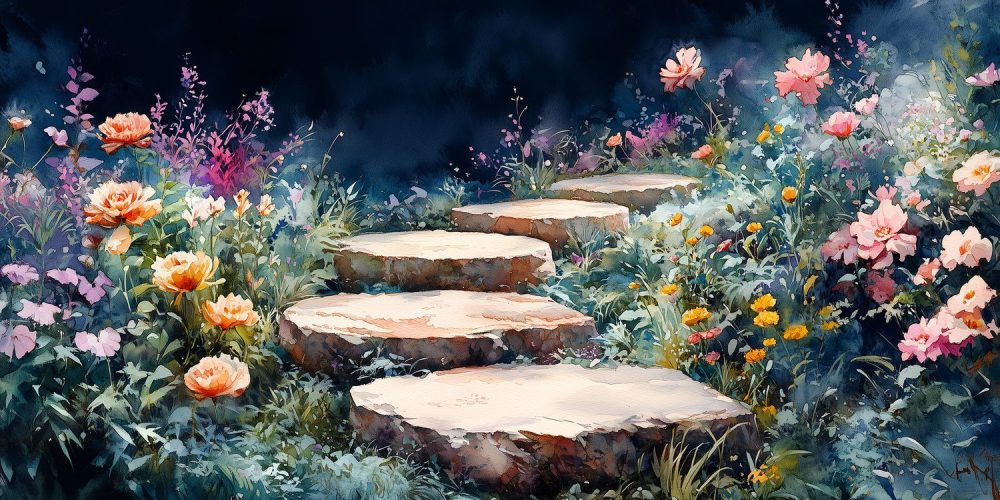 Tranquille tuin waterverfschilderij behang