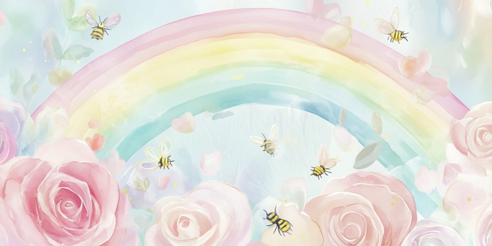 Pastel regenboog met rozen behang