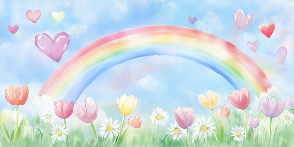 Regenboog met zwevende harten behang