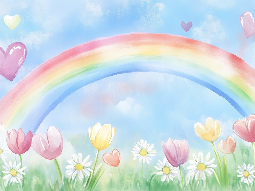 Regenboog met zwevende harten behang