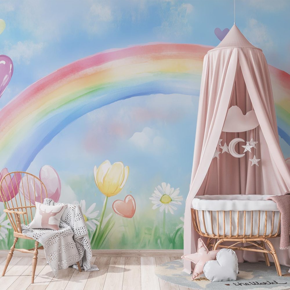 Alternative view of Regenboog met zwevende harten behang