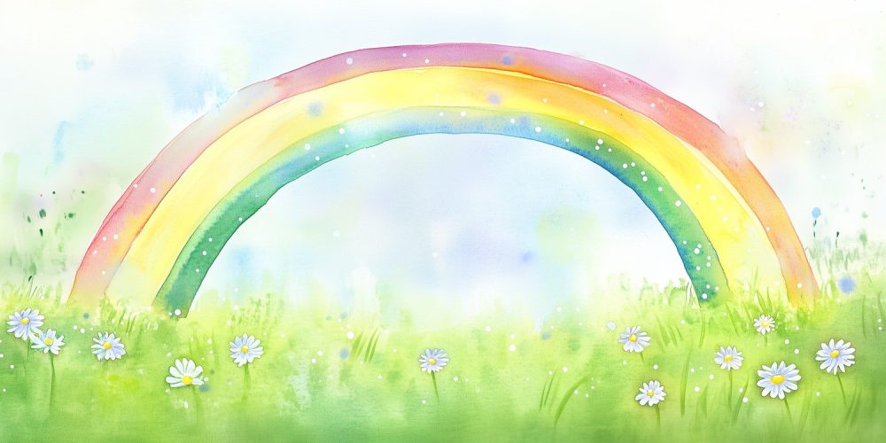 Regenboog over bloemenweide behang